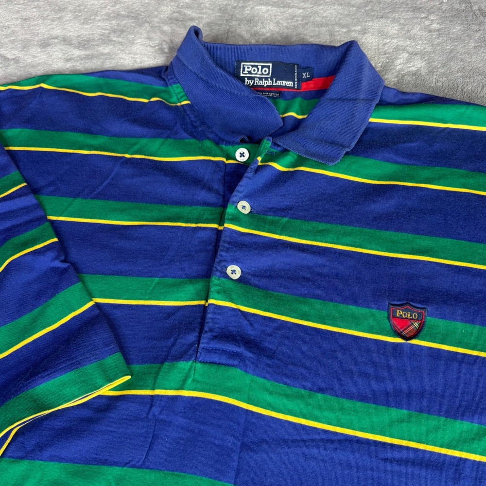 Polo Ralph Lauren Polo Shirt Mens XL Blue Green Striped Vintage Crest Logo